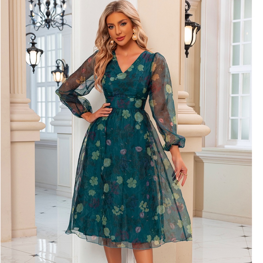 NWT JJ's House Floral Print V-Neck Long Sleeve A-line Organza Midi Dress size L